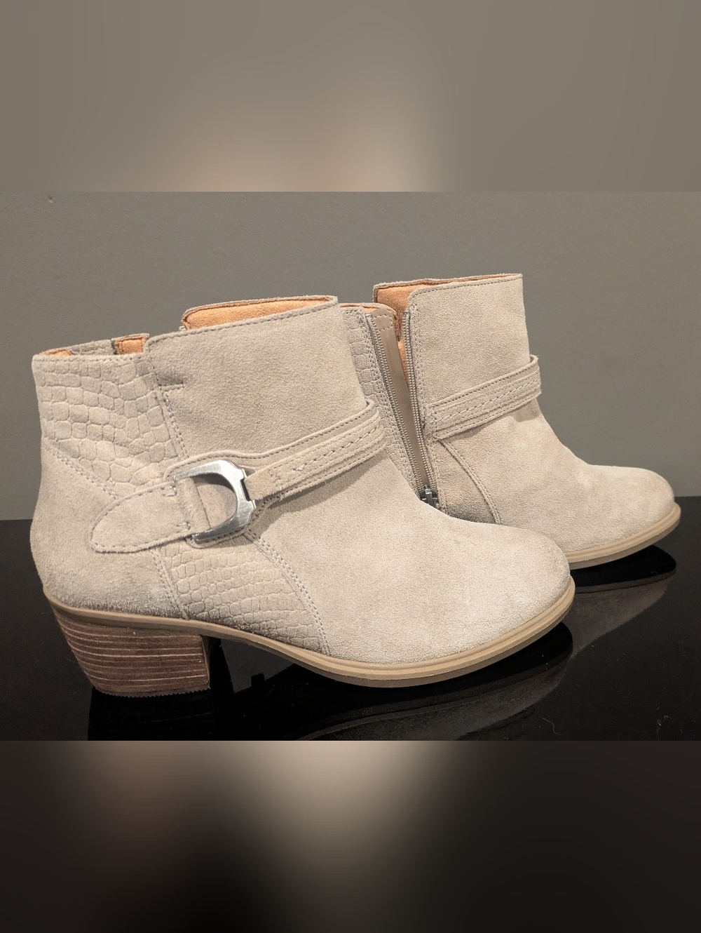 Suede Ankle Booties in Light Beige with Buckle Detail